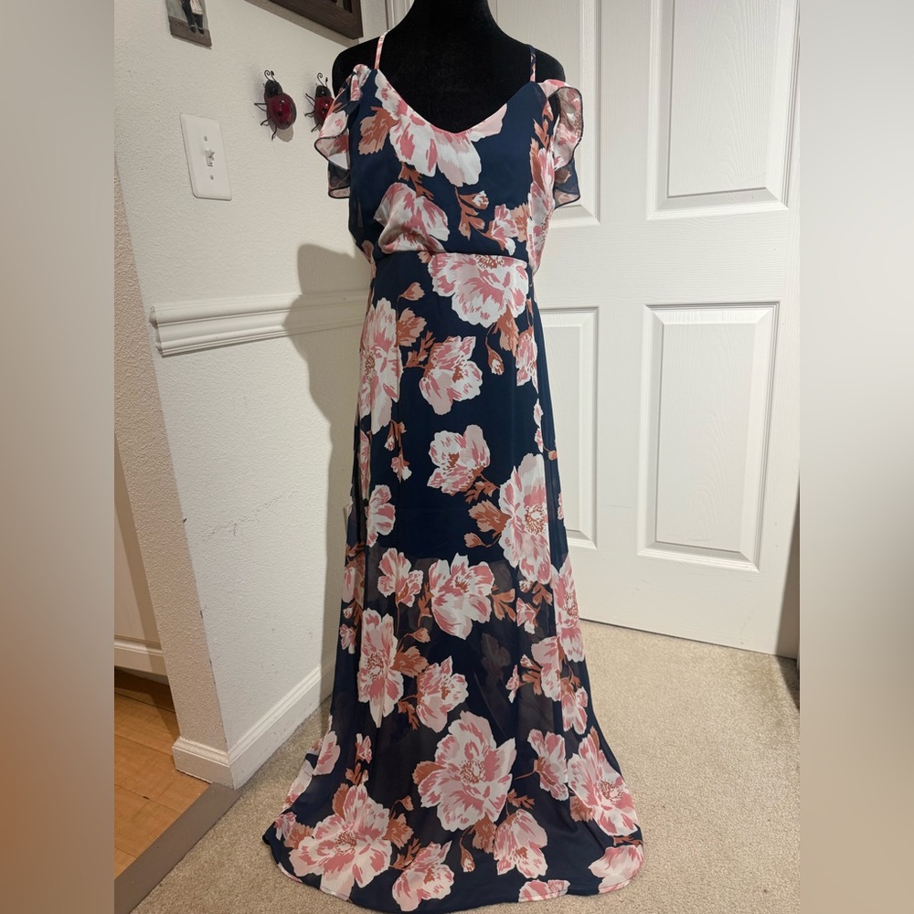 Floral Maxi Gown with pink flowers , straps with off shoulder ruffles